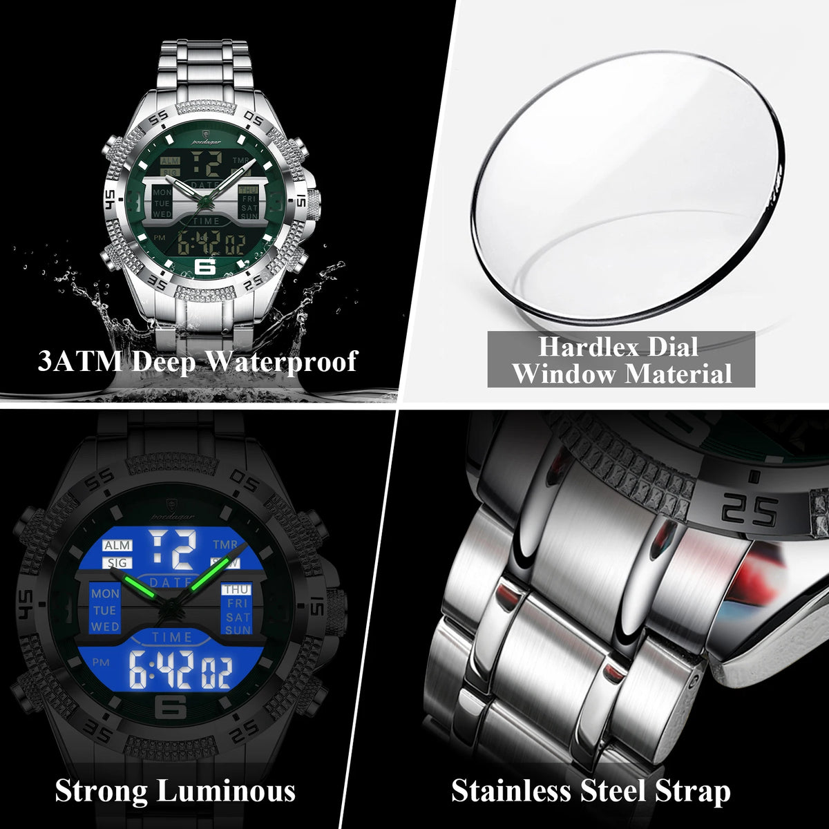 Poedagar led relógio de luxo masculino esportes dupla exibição tempo digital luminoso semana data homem relógio de pulso eletrônico quartzo relógios masculinos