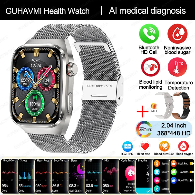 2024 novo grau médico ácido úrico gordura no sangue smartwatch ecg glicose no sangue freqüência cardíaca pressão arterial monitoramento de saúde relógio inteligente