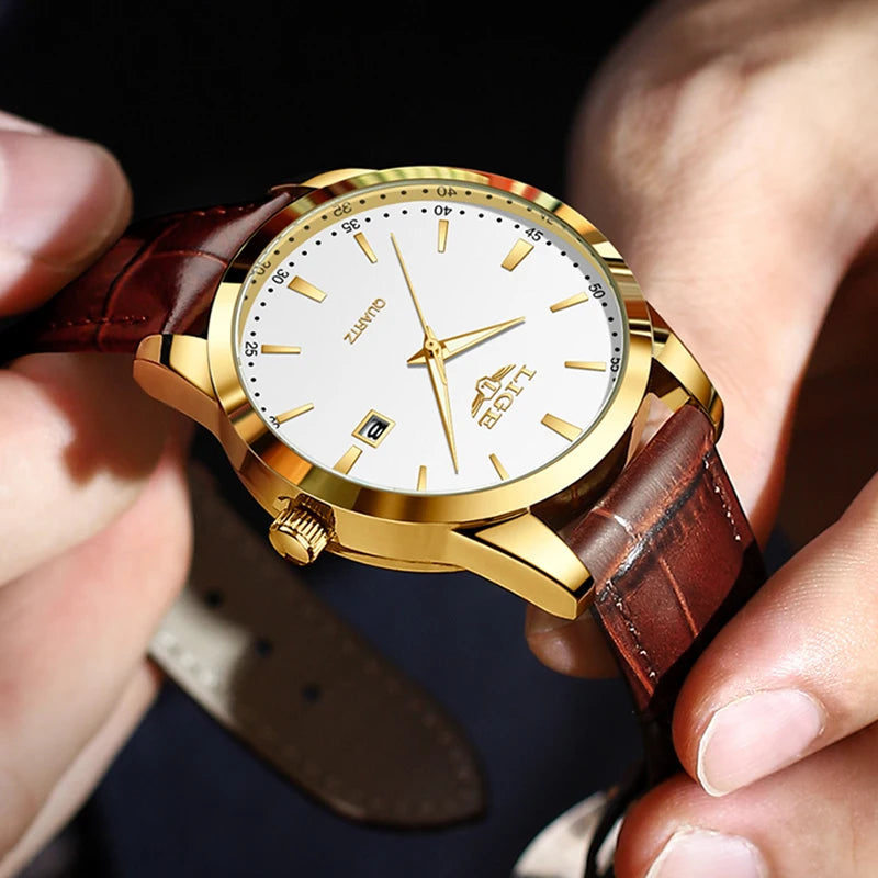 Lige moda relógio de couro marrom masculino militar esportes quartzo relógios de pulso casual à prova dwaterproof água cronógrafo relogios masculino
