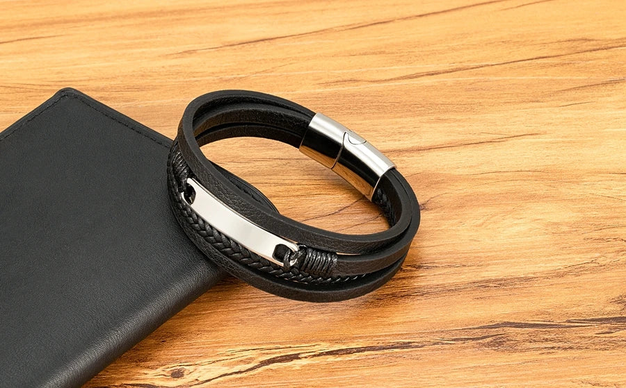Xqni pulseira de couro trançado multicamadas, masculina, tendência legal, aço inoxidável, fivela casual, acessórios de joias, presente