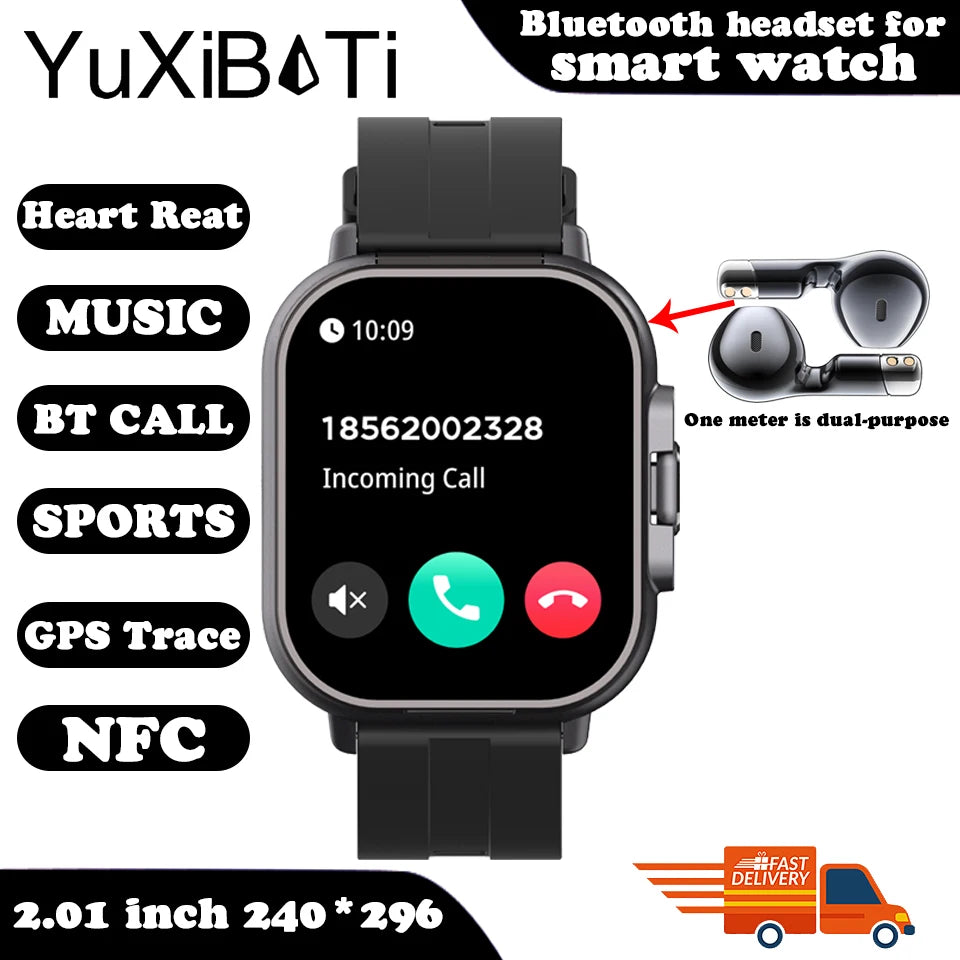 2024 relógio inteligente 2 em 1 com fone de ouvido smartwatch bluetooth chamada relógio masculino gps pista monitor freqüência cardíaca jogar música smartwatch
