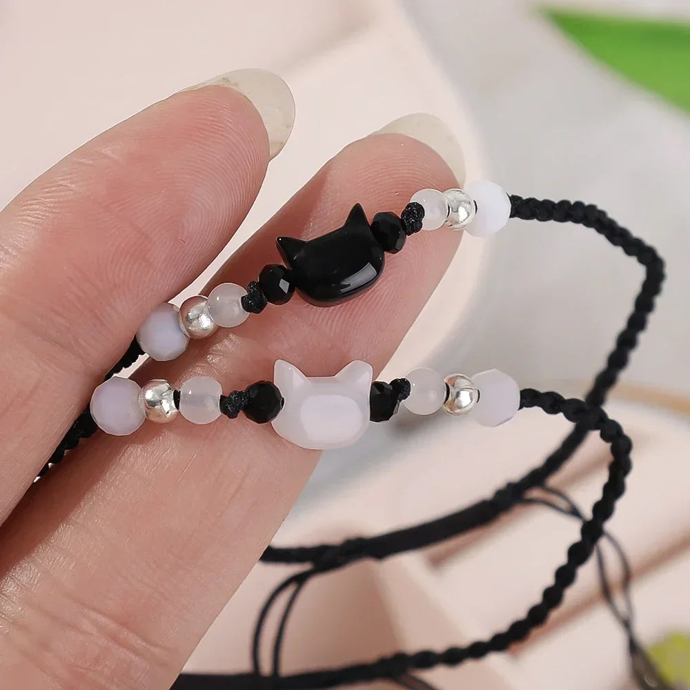 2 pçs natural moonstone obsidiana pulseiras artesanal casal bonito preto branco gato pulseira acessórios jóias