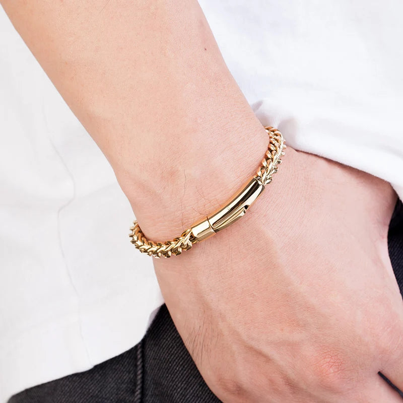 MKENDN Locomotiva Homens Punk Rock Pulseira de corrente de bicicleta 18k banhado a ouro botão magnético de aço inoxidável joias masculinas presentes