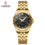 CHENXI-Homens e Mulheres Relógio De Pulso De Quartzo De Aço Inoxidável, Relógios De Negócios Impermeáveis, Relógios De Vestido Dourado Único, Marca De Luxo, 050A