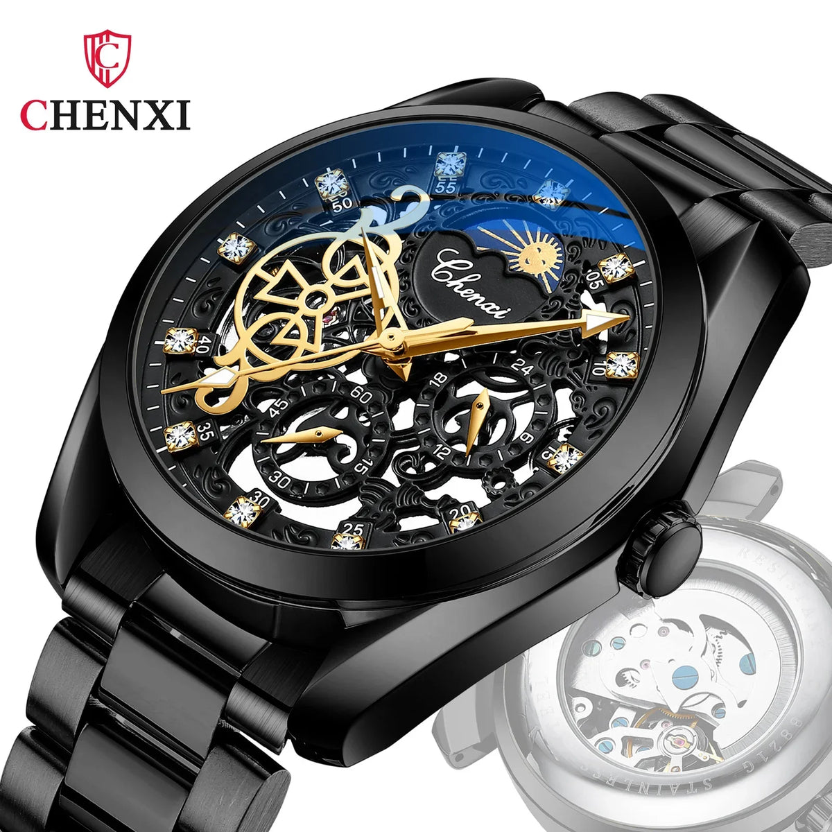 CHENXI 8811 Relógio Mecânico Oco Masculino À Prova D 'Água Luminoso Diamante Incrustado Totalmente Automático Atacado