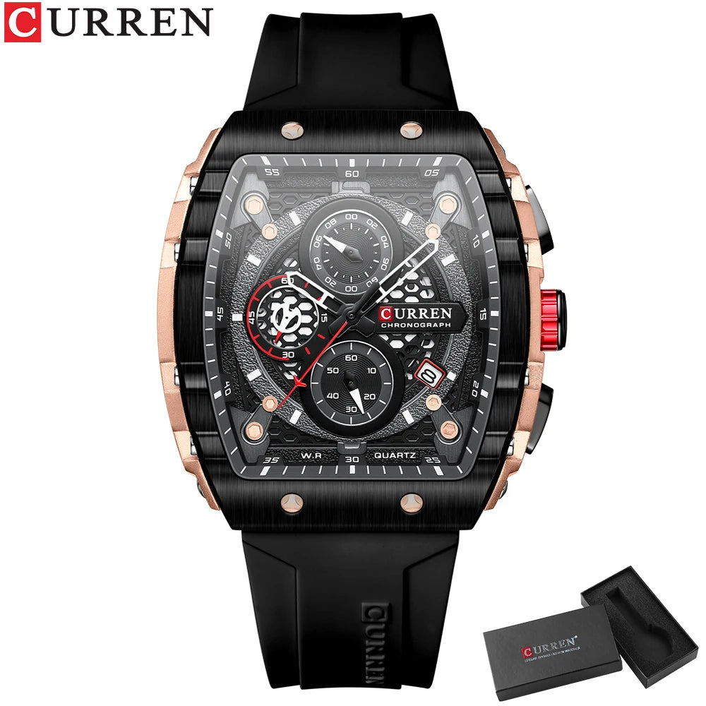 CURREN Esporte Cronógrafo Relógio de Quartzo para Homens Moda Azul Pulseira de Silicone Tonneau Dial Relógio de Pulso com Data 3atm À Prova D 'Água