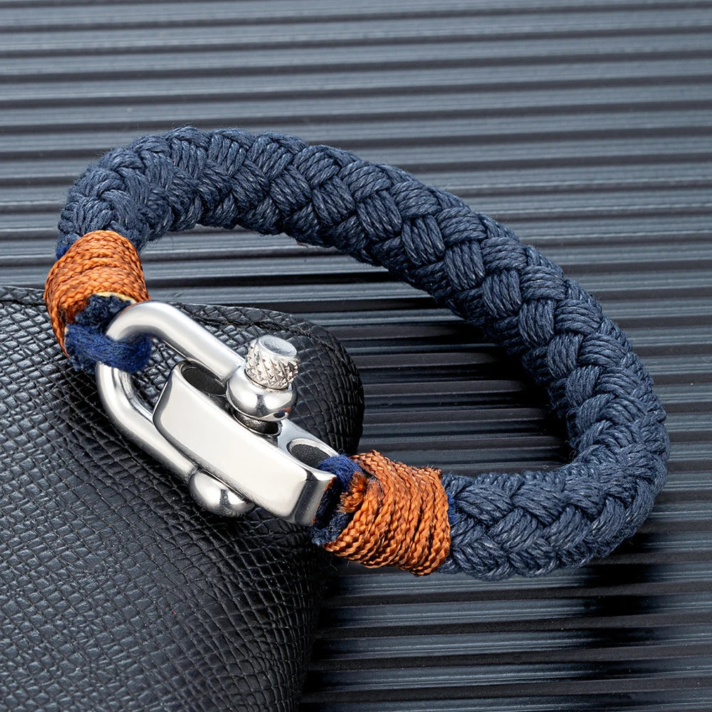 Mkendn estilo náutico pulseira de corda larga moda masculina aço inoxidável ajustável manilha fecho envoltório pulseiras artesanal jóias presente