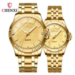 CHENXI-Homens e Mulheres Relógio De Pulso De Quartzo De Aço Inoxidável, Relógios De Negócios Impermeáveis, Relógios De Vestido Dourado Único, Marca De Luxo, 050A