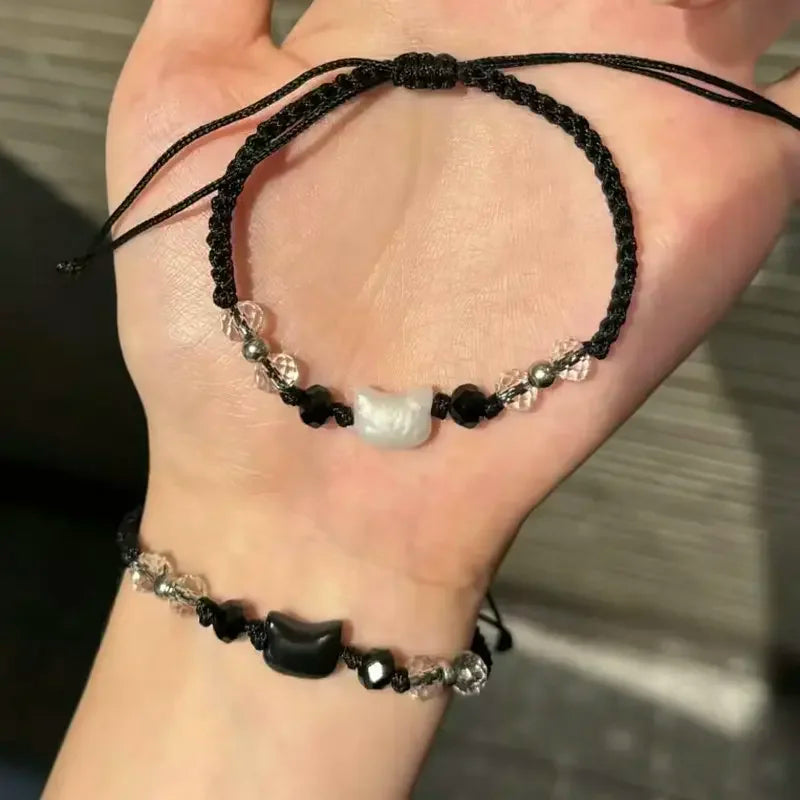 2 pçs natural moonstone obsidiana pulseiras artesanal casal bonito preto branco gato pulseira acessórios jóias