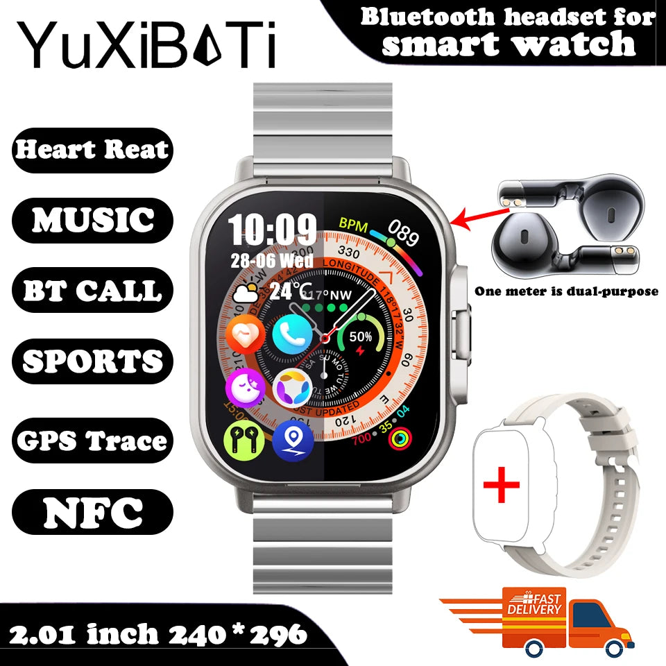 2024 relógio inteligente 2 em 1 com fone de ouvido smartwatch bluetooth chamada relógio masculino gps pista monitor freqüência cardíaca jogar música smartwatch