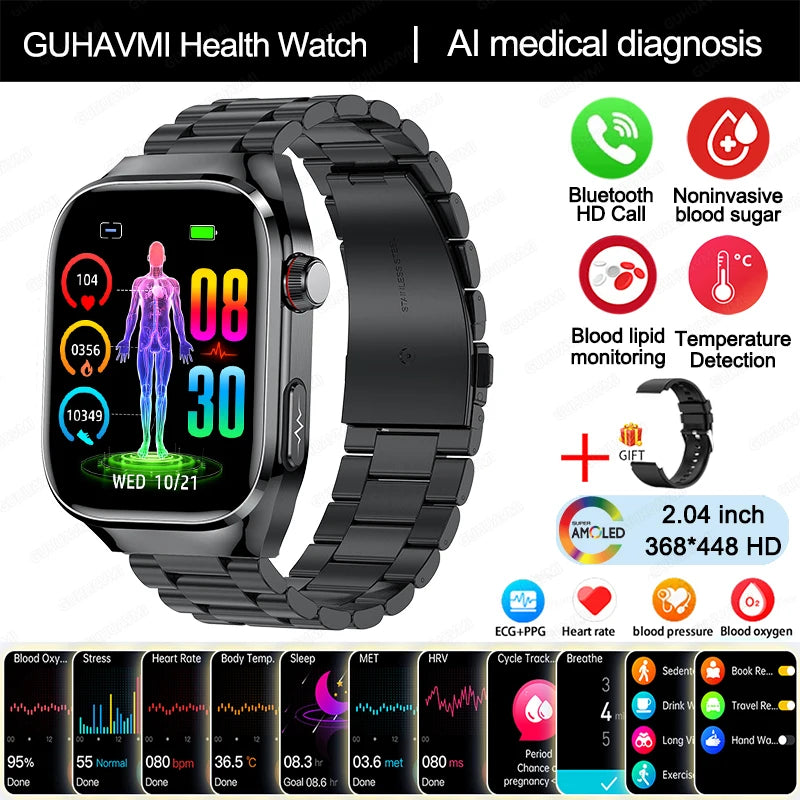 2024 novo grau médico ácido úrico gordura no sangue smartwatch ecg glicose no sangue freqüência cardíaca pressão arterial monitoramento de saúde relógio inteligente