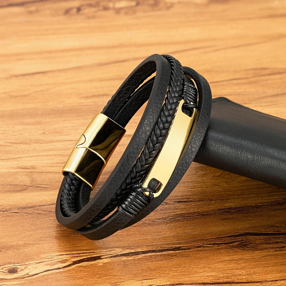 Xqni pulseira de couro trançado multicamadas, masculina, tendência legal, aço inoxidável, fivela casual, acessórios de joias, presente