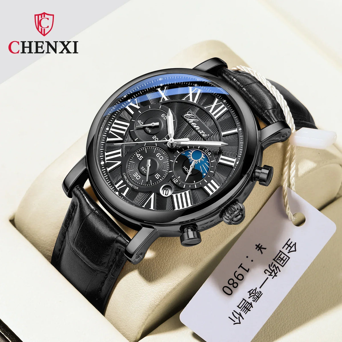 Chenxi 973 multi-função negócios fase da lua data à prova dwaterproof água roma analógico importado relógio de pulso masculino dial relógios de couro de quartzo