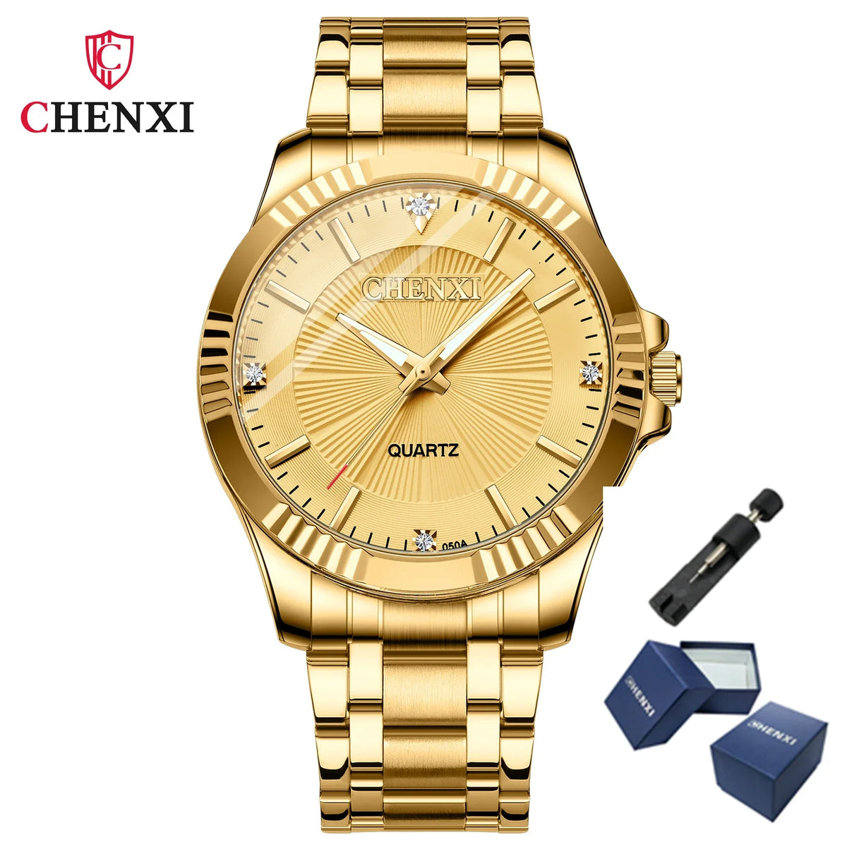 CHENXI-Homens e Mulheres Relógio De Pulso De Quartzo De Aço Inoxidável, Relógios De Negócios Impermeáveis, Relógios De Vestido Dourado Único, Marca De Luxo, 050A