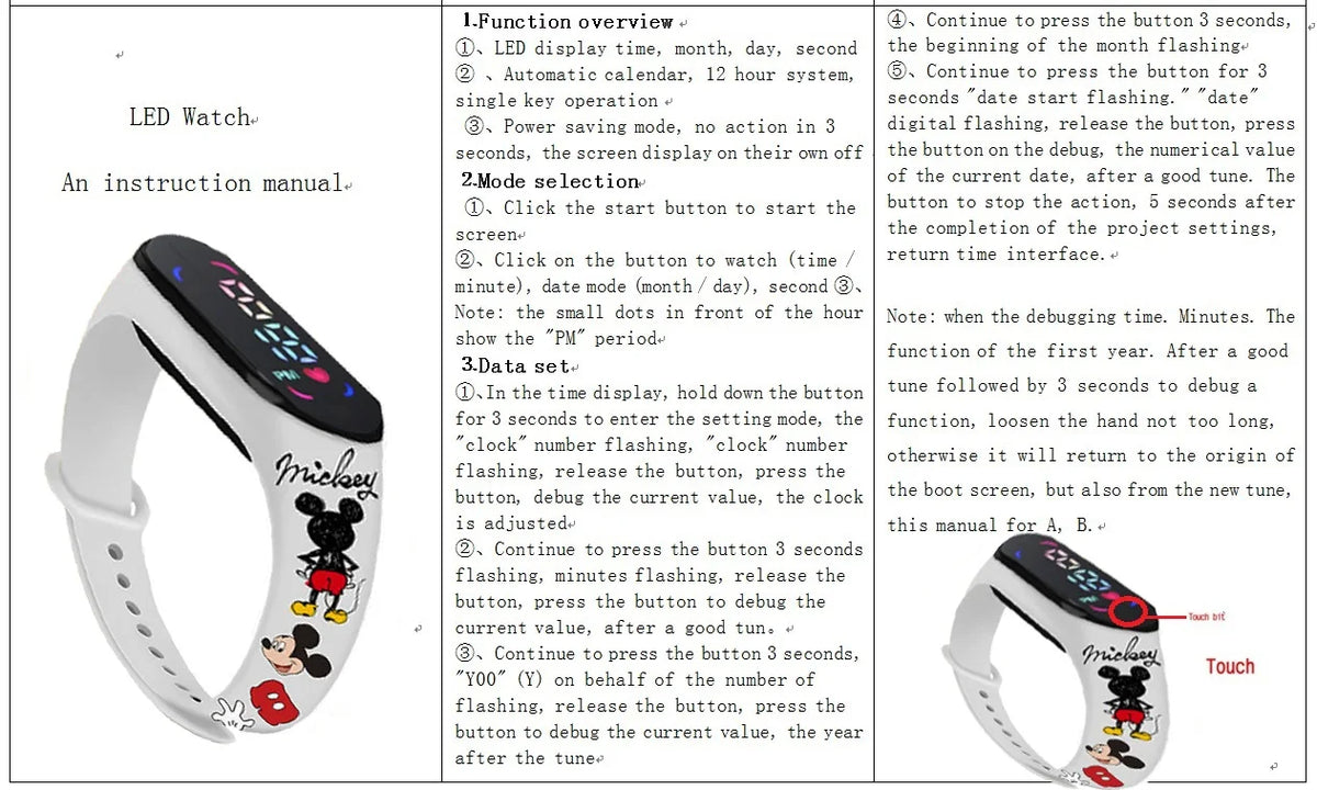 Nova disney mickey minnie led toque relógio donald duckbracelet relógio estudante crianças esportes dos desenhos animados relógio eletrônico presente brinquedo