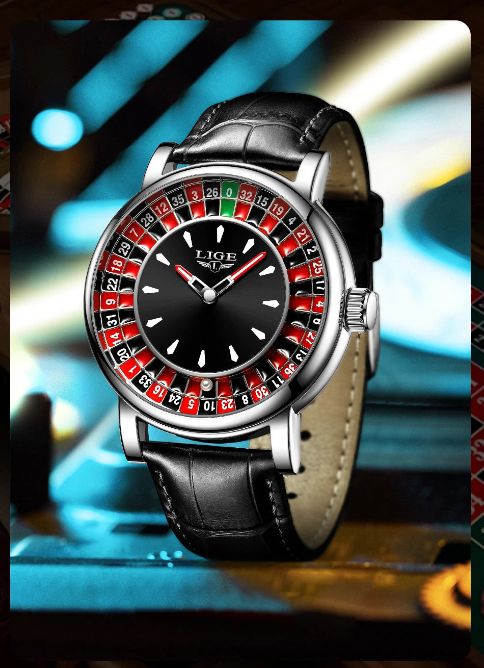 Lige moda couro marrom relógio masculino mostrador rotativo las vegas roleta tema de mesa relógio masculino à prova dwaterproof água relógios luminosos