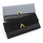 Nova versão coreana carteira feminina longa fivela em forma de v carteira três dobras para mulher, bolsa de mão, bolsa de cartão de mudança