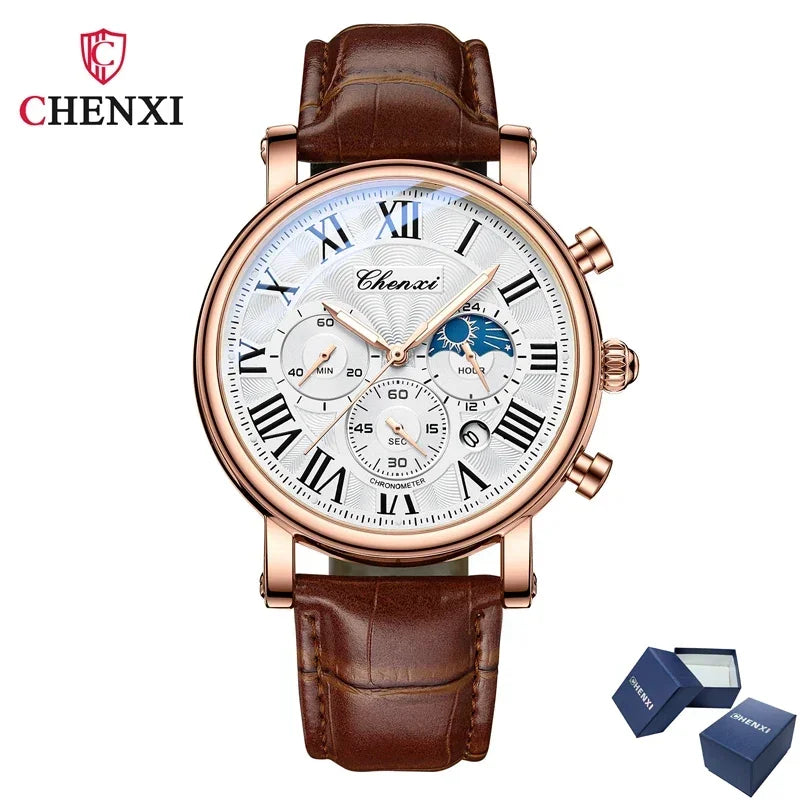 Chenxi 973 multi-função negócios fase da lua data à prova dwaterproof água roma analógico importado relógio de pulso masculino dial relógios de couro de quartzo