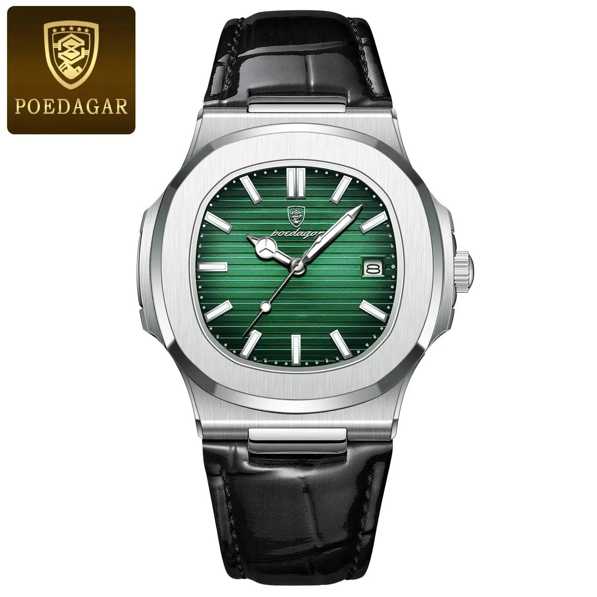 Poedagar topo de luxo quadrado homem relógio data à prova dwaterproof água luminosa relógio de pulso masculino couro alta qualidade relógios quartzo + caixa reloj
