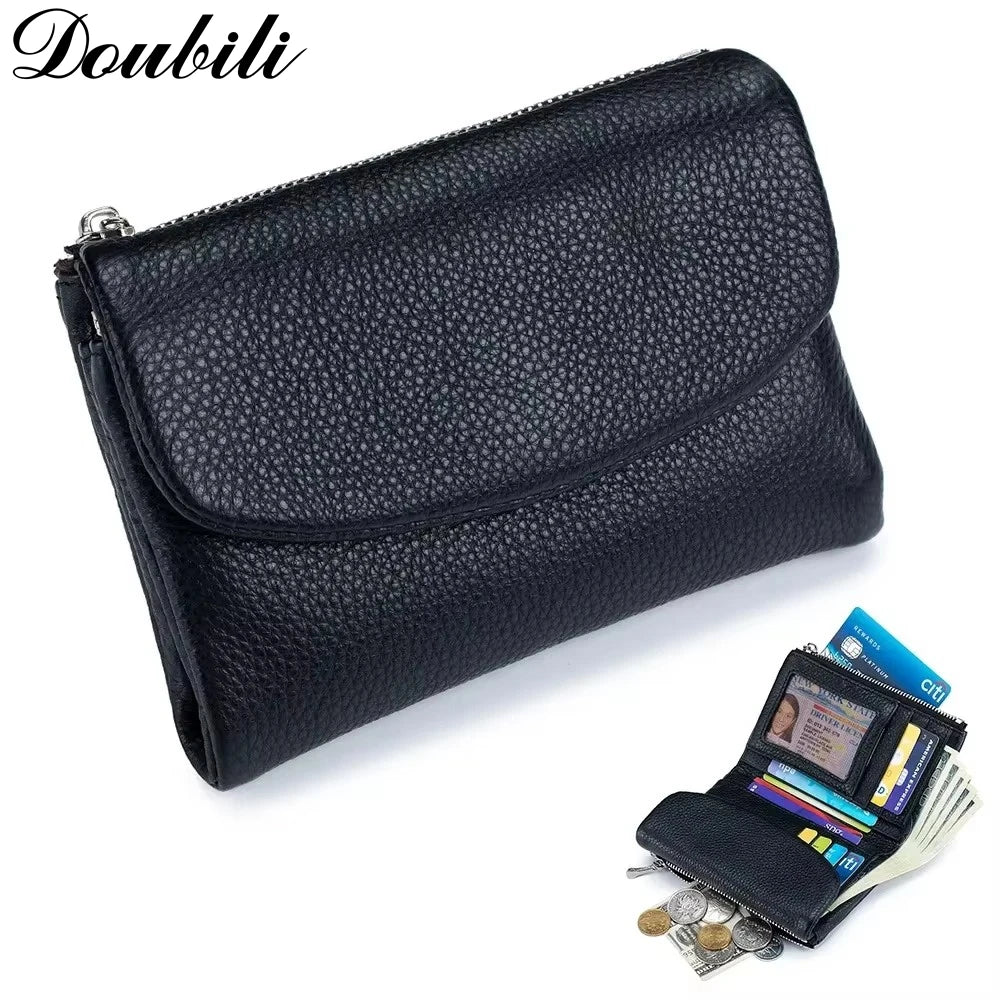 Carteira curta feminina Doubili carteira de couro macio moda bolsa de cor sólida