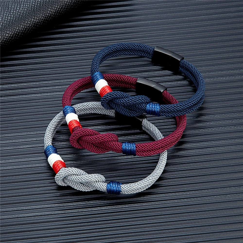 MKENDN Pulseira de corda com nó quadrado de aço inoxidável preto, masculina, feminina, feita à mão, design de camada dupla, bandeira da França, joias de casal