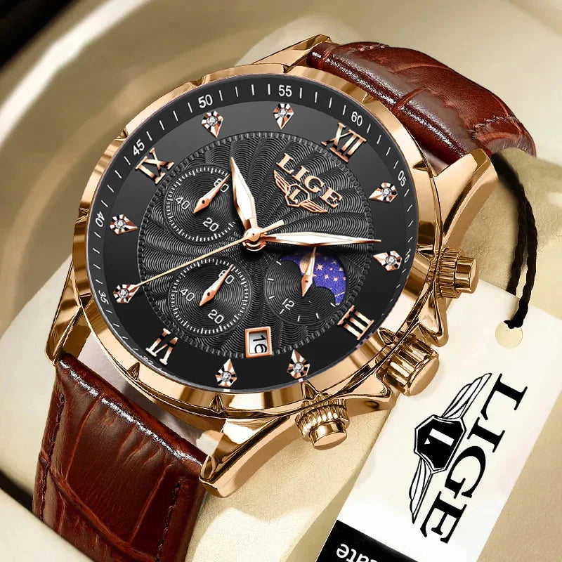 Novos relógios masculinos lige marca superior de luxo couro casual relógio quartzo esporte à prova dwaterproof água relógio relogios masculino + caixa
