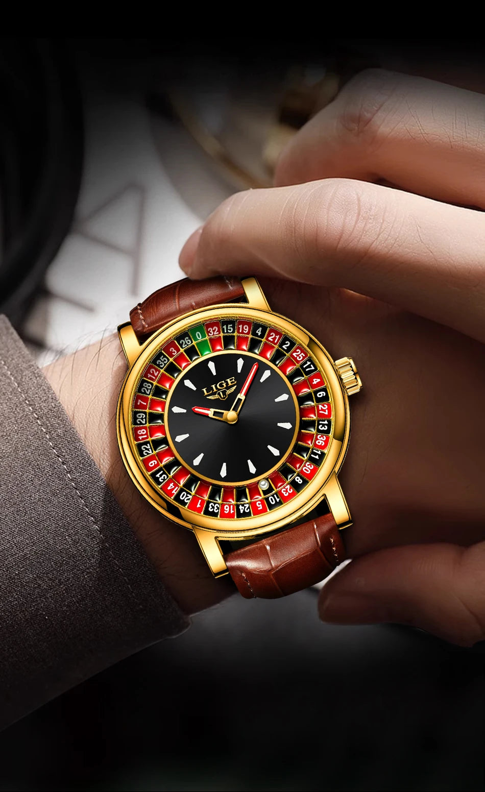 Lige moda couro marrom relógio masculino mostrador rotativo las vegas roleta tema de mesa relógio masculino à prova dwaterproof água relógios luminosos