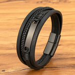 Xqni pulseira de couro trançado multicamadas, masculina, tendência legal, aço inoxidável, fivela casual, acessórios de joias, presente