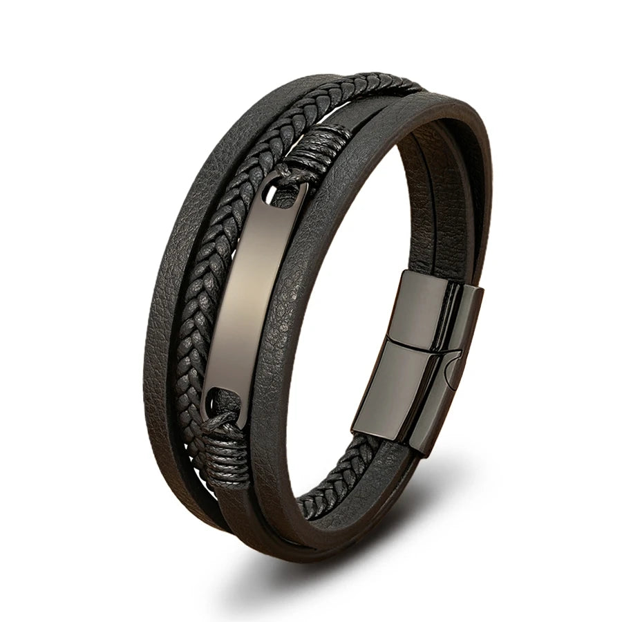 Xqni pulseira de couro trançado multicamadas, masculina, tendência legal, aço inoxidável, fivela casual, acessórios de joias, presente