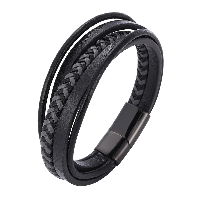 Moda pulseiras de couro vermelho masculino aço inoxidável multicamadas trançado corda pulseiras para mulheres pulseira jóias presentes sp1076