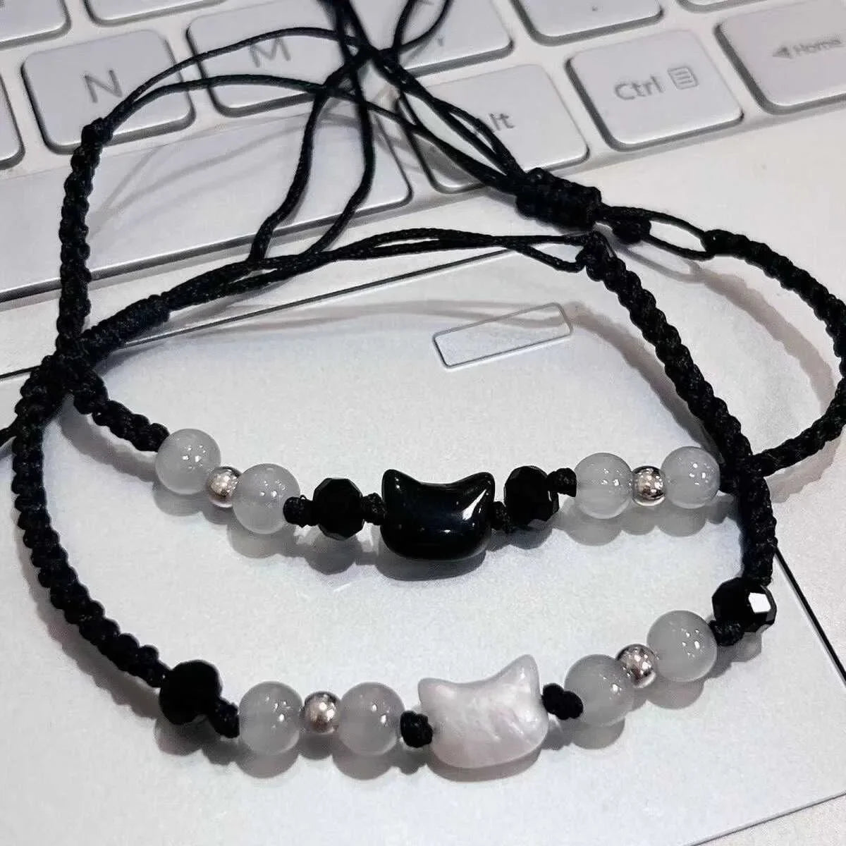 2 pçs natural moonstone obsidiana pulseiras artesanal casal bonito preto branco gato pulseira acessórios jóias