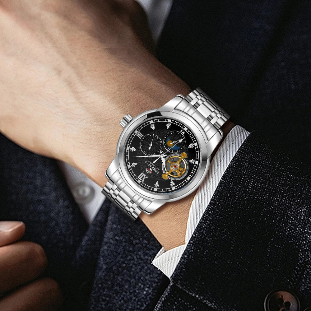 Forsining moda masculina luxo negócios pulseira de metal turbilhão luminoso relógio mecânico automático diamante artificial relógio de pulso