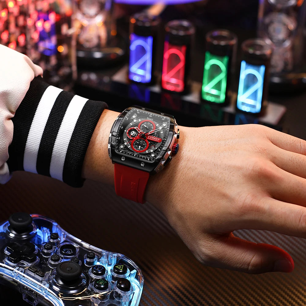 CURREN Esporte Cronógrafo Relógio de Quartzo para Homens Moda Azul Pulseira de Silicone Tonneau Dial Relógio de Pulso com Data 3atm À Prova D 'Água