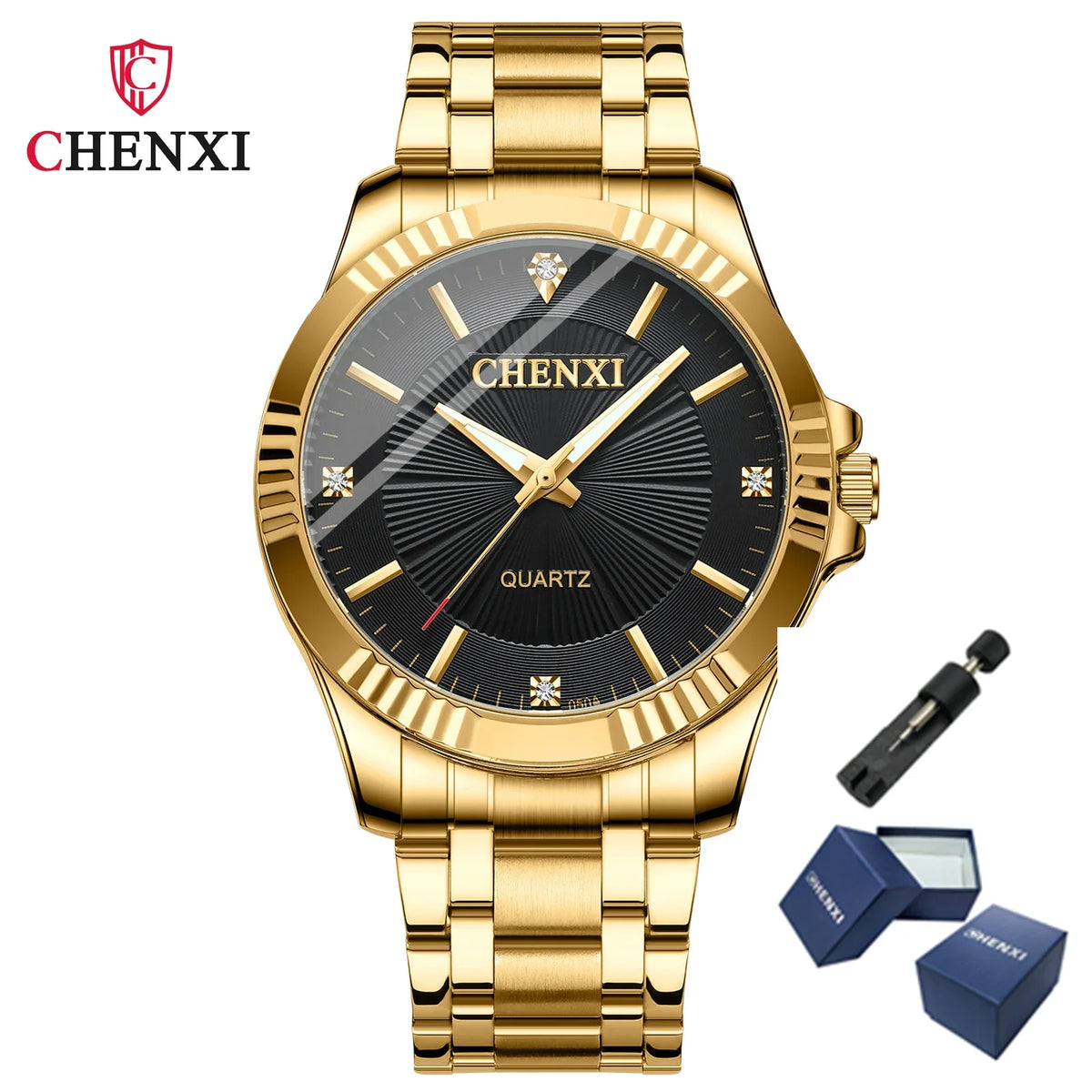 CHENXI-Homens e Mulheres Relógio De Pulso De Quartzo De Aço Inoxidável, Relógios De Negócios Impermeáveis, Relógios De Vestido Dourado Único, Marca De Luxo, 050A