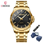 CHENXI-Homens e Mulheres Relógio De Pulso De Quartzo De Aço Inoxidável, Relógios De Negócios Impermeáveis, Relógios De Vestido Dourado Único, Marca De Luxo, 050A
