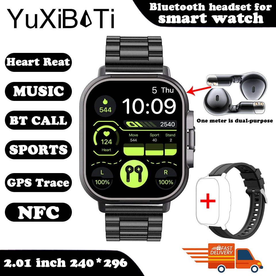 2024 relógio inteligente 2 em 1 com fone de ouvido smartwatch bluetooth chamada relógio masculino gps pista monitor freqüência cardíaca jogar música smartwatch