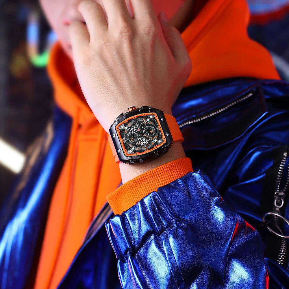 CURREN Esporte Cronógrafo Relógio de Quartzo para Homens Moda Azul Pulseira de Silicone Tonneau Dial Relógio de Pulso com Data 3atm À Prova D 'Água