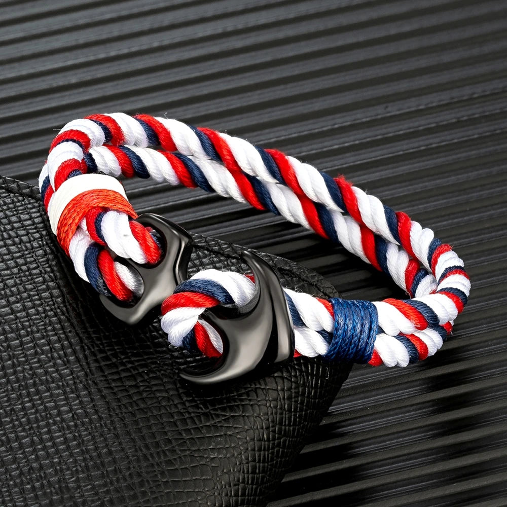 MKENDN Pulseiras de âncora masculinas, fio duplo, surfista náutico, corda à prova d'água, pulseira feminina, fivela esportiva de aço inoxidável preto