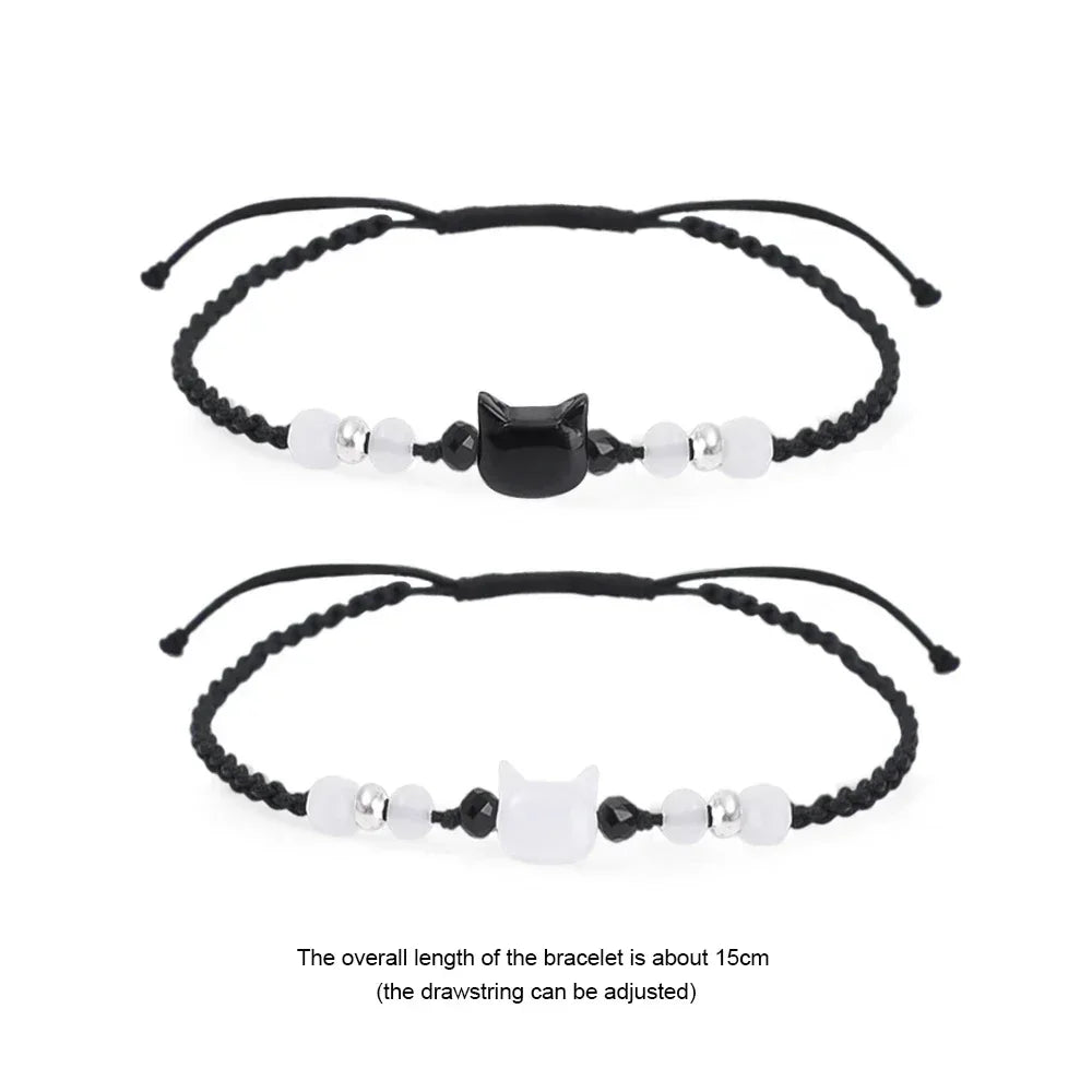 2 pçs natural moonstone obsidiana pulseiras artesanal casal bonito preto branco gato pulseira acessórios jóias