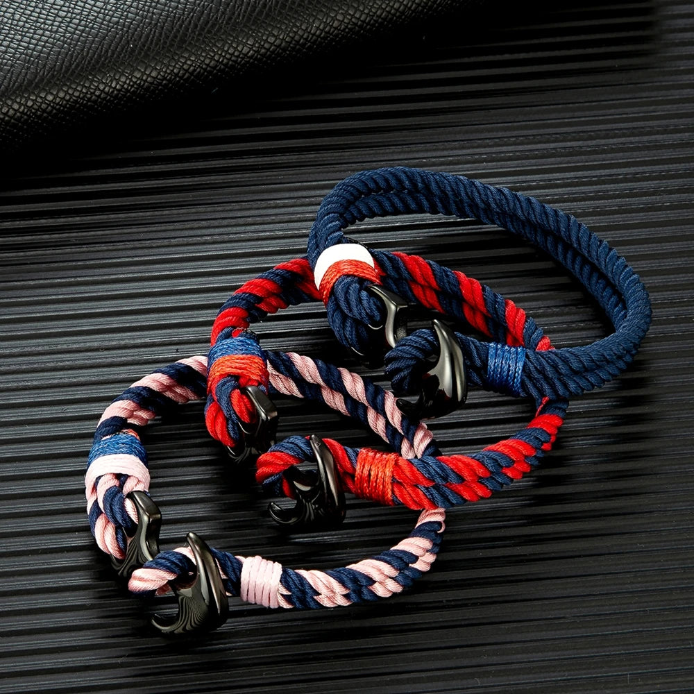 MKENDN Pulseiras de âncora masculinas, fio duplo, surfista náutico, corda à prova d'água, pulseira feminina, fivela esportiva de aço inoxidável preto