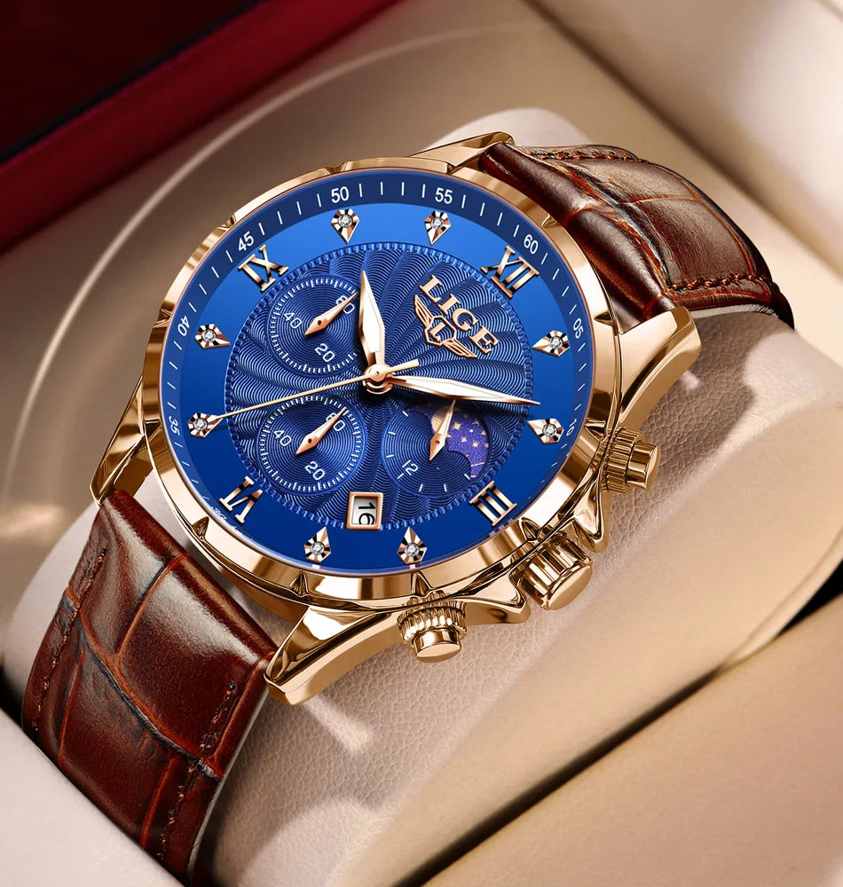Novos relógios masculinos lige marca superior de luxo couro casual relógio quartzo esporte à prova dwaterproof água relógio relogios masculino + caixa