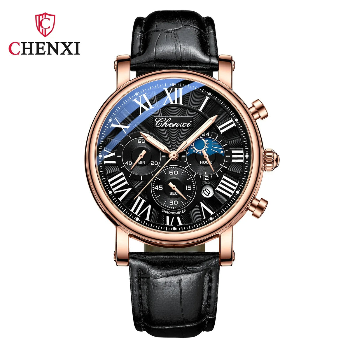 Chenxi 973 multi-função negócios fase da lua data à prova dwaterproof água roma analógico importado relógio de pulso masculino dial relógios de couro de quartzo