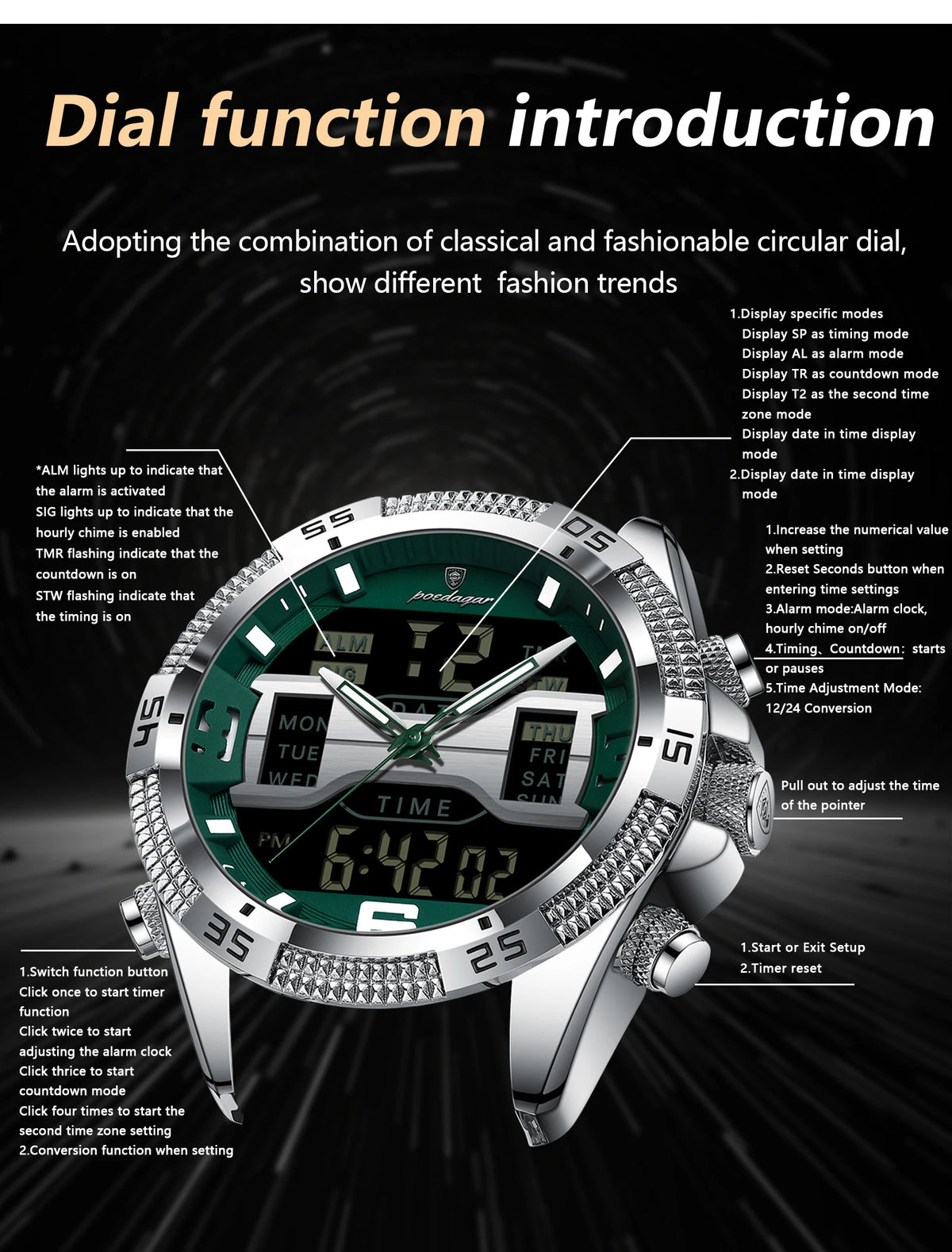 Poedagar led relógio de luxo masculino esportes dupla exibição tempo digital luminoso semana data homem relógio de pulso eletrônico quartzo relógios masculinos