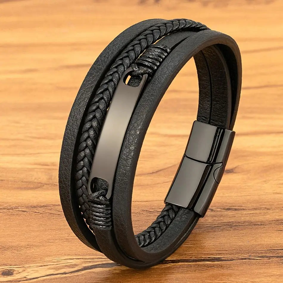 Xqni pulseira de couro trançado multicamadas, masculina, tendência legal, aço inoxidável, fivela casual, acessórios de joias, presente