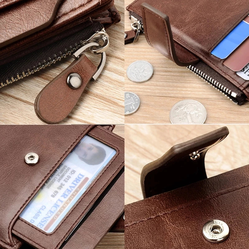 Carteira masculina de couro luxo curto titular do cartão rfid para homens zíper moeda bolsa portátil masculino carteiras billfold