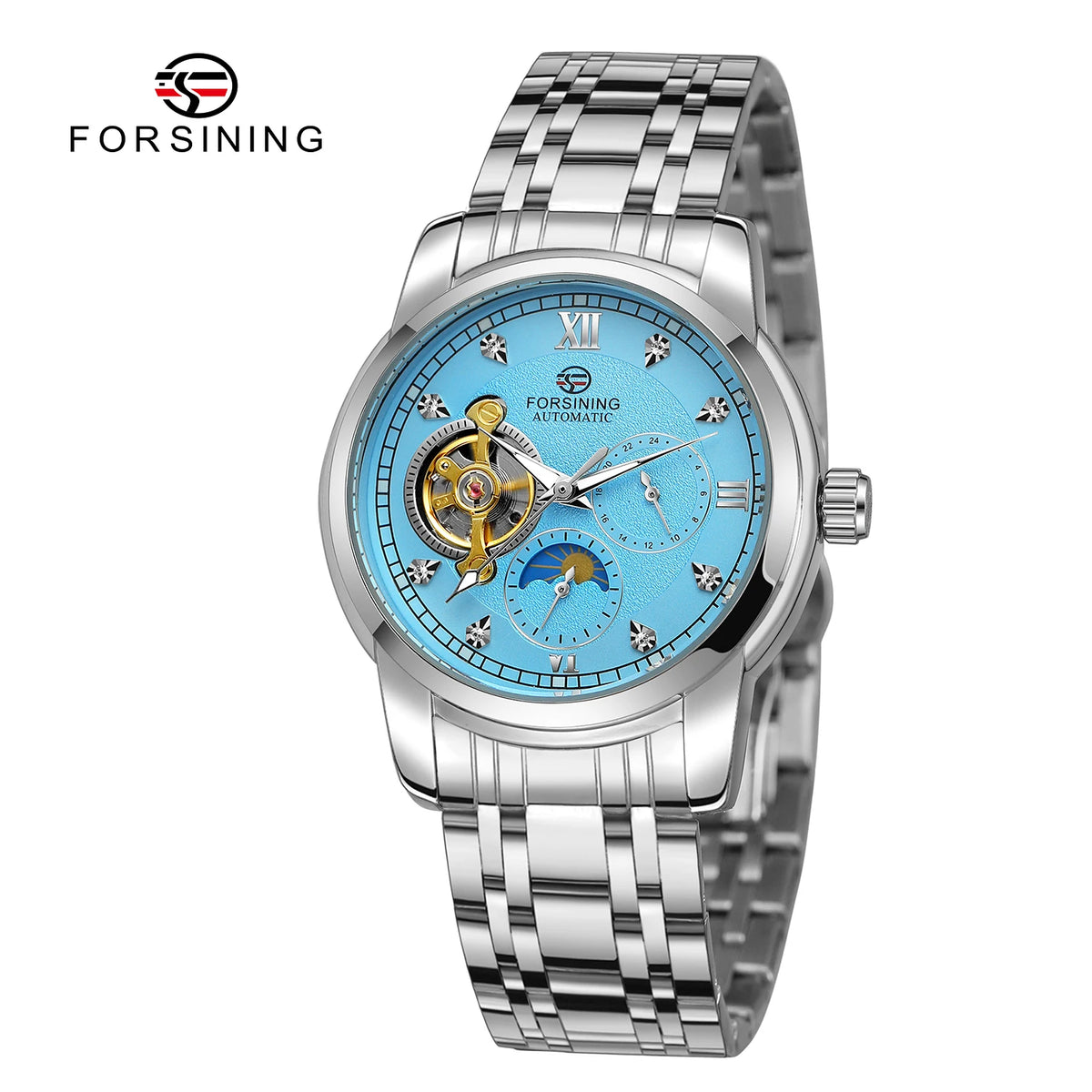 Forsining moda masculina luxo negócios pulseira de metal turbilhão luminoso relógio mecânico automático diamante artificial relógio de pulso