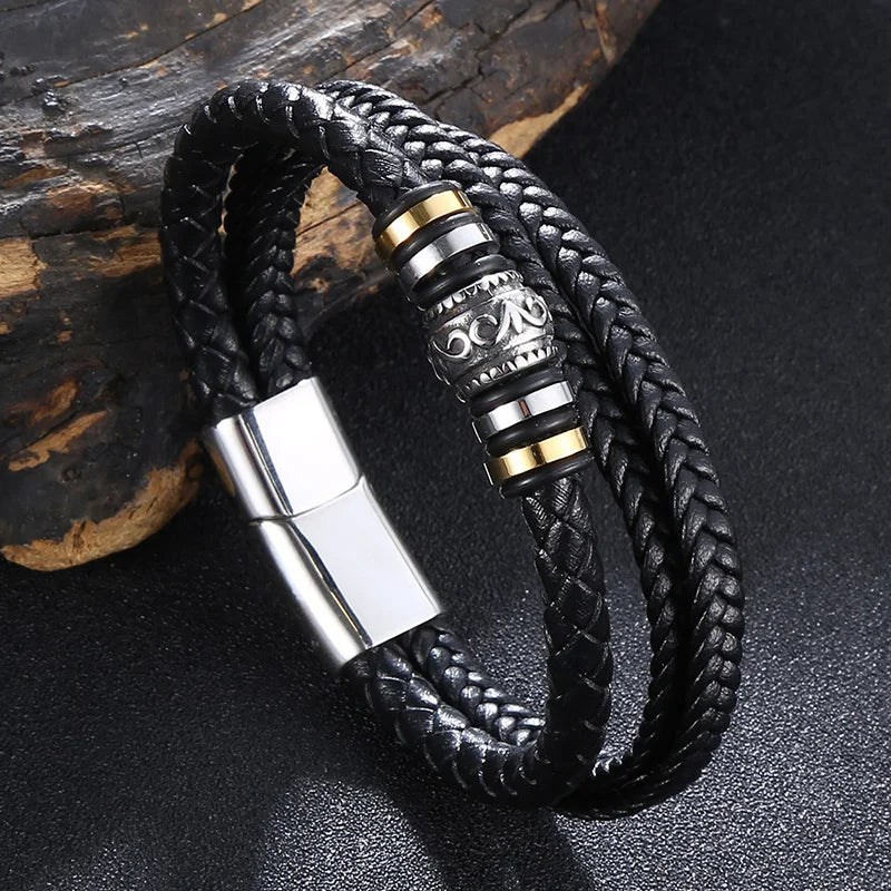 Moda pulseiras de couro vermelho masculino aço inoxidável multicamadas trançado corda pulseiras para mulheres pulseira jóias presentes sp1076