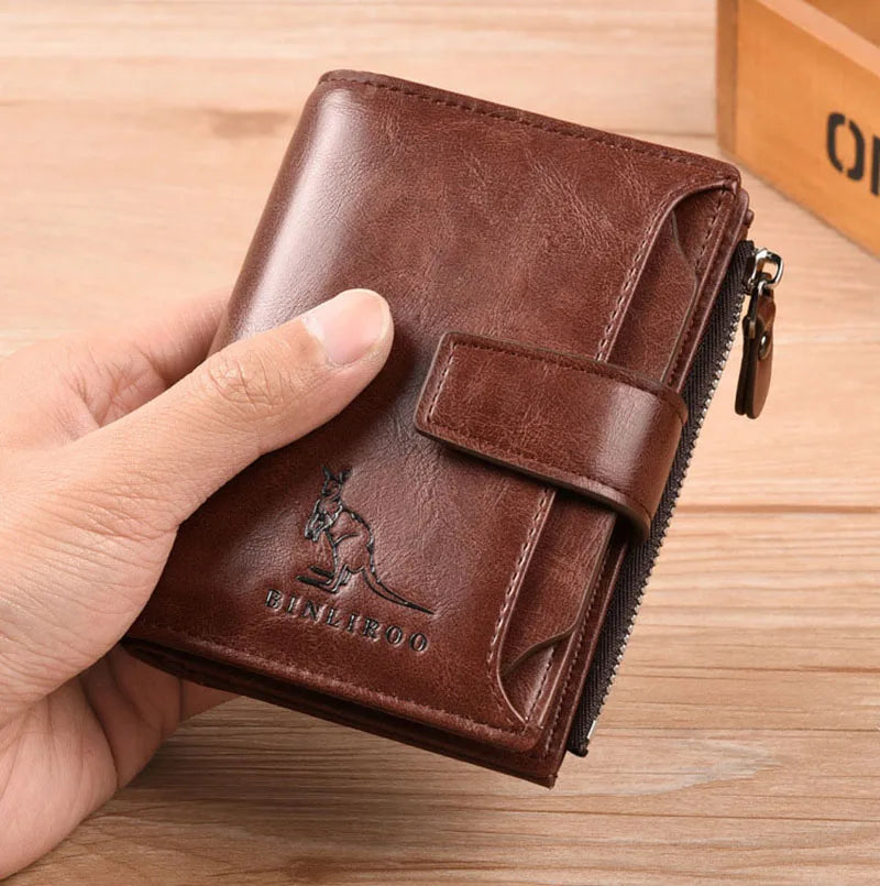 Carteira masculina de couro luxo curto titular do cartão rfid para homens zíper moeda bolsa portátil masculino carteiras billfold