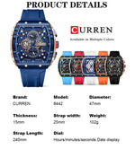 CURREN Esporte Cronógrafo Relógio de Quartzo para Homens Moda Azul Pulseira de Silicone Tonneau Dial Relógio de Pulso com Data 3atm À Prova D 'Água