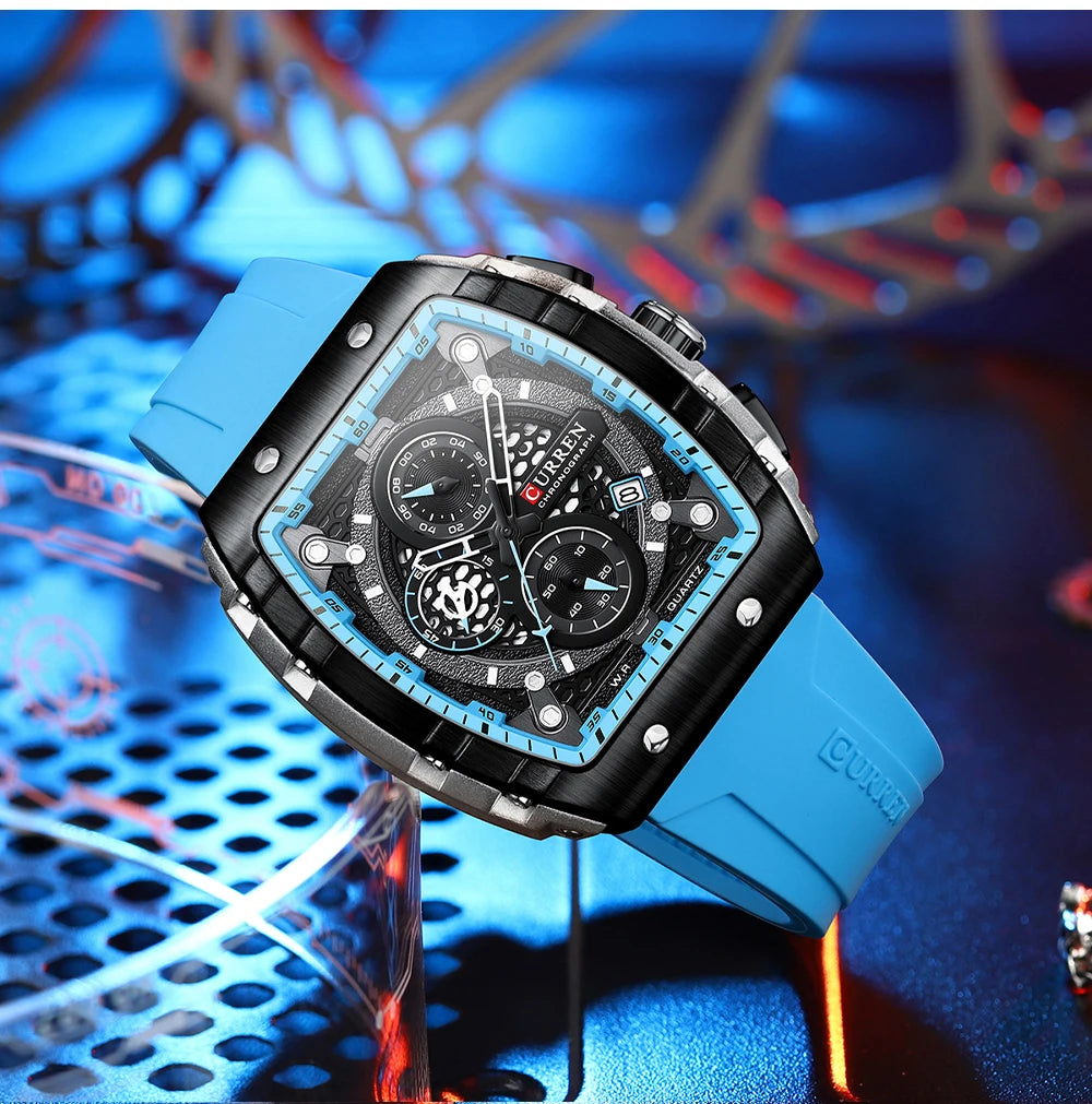 CURREN Esporte Cronógrafo Relógio de Quartzo para Homens Moda Azul Pulseira de Silicone Tonneau Dial Relógio de Pulso com Data 3atm À Prova D 'Água